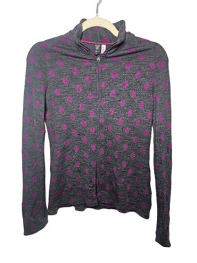 Ibex Merino Wool Full Zip Sweater Jacket Gray Pink Purple Polka Dot Small EUC